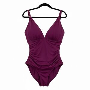 Lauren Ralph Lauren Purple/ Berry Ruched One Piece Swimsuit Gold Hardware 14
